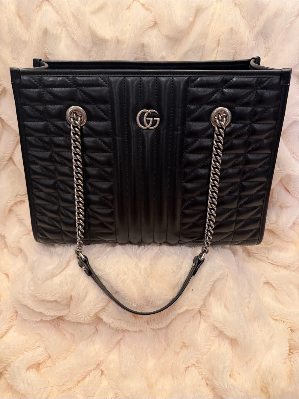 Gucci Black Quilted Leather Top Handle Tote with Silver Hardware